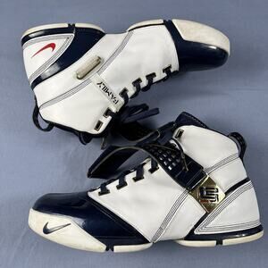 Nike LeBron 5 White Navy Gold Mens Size 15 Basketball Sneakers Shoes 317253-141